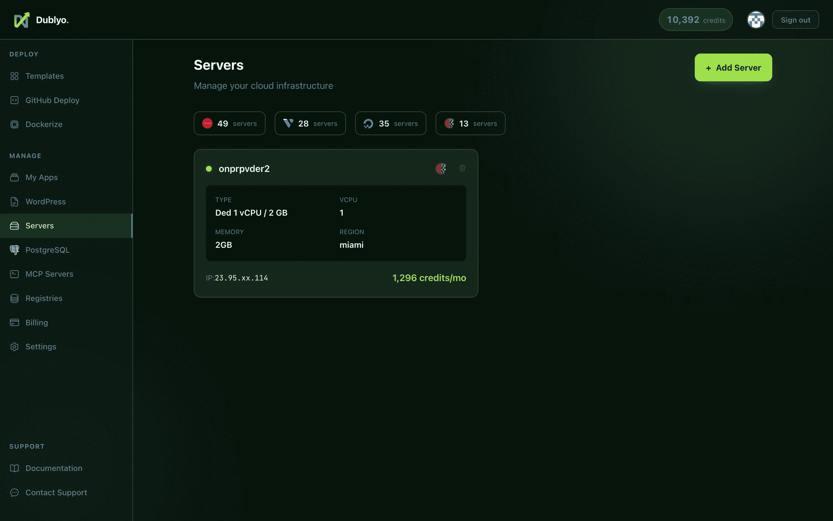 Servers page